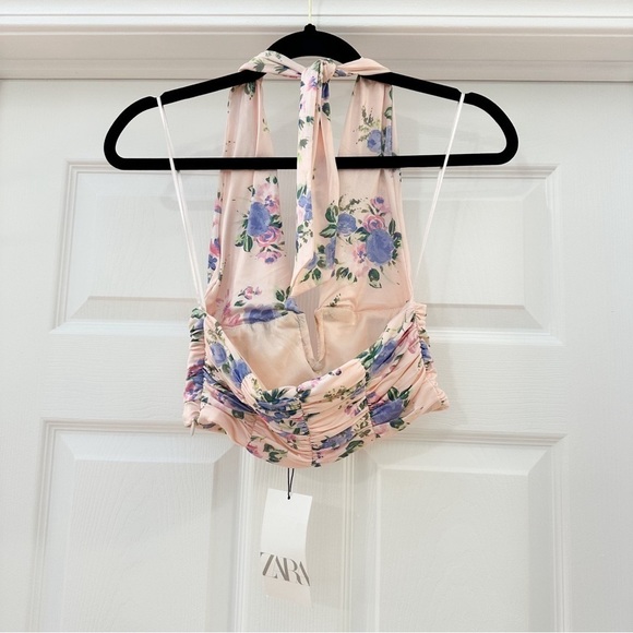 NWT Zara Pale Pink Blue Floral Deep V Cropped Halter Neck Ruched Top sz Small - Picture 9 of 11